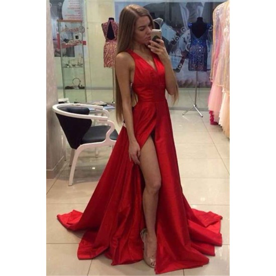 Chic Side Slit Prom Dresses V-neck Stretch Satin Evening Gowns