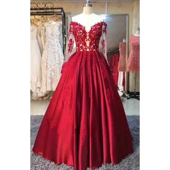 New Arrival Red Prom Dresses Off-the-Shoulder Lace Appliques Long Sleevess Puffy Evening Gowns