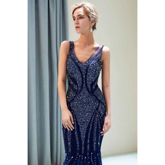 MATHILDA Mermaid Sleeveless V-neck Sequins Pattern Long Evening Gowns