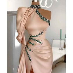 Halter Mermaid Evening Gown with Cape One Shoulder Front Split Prom Party Gowns