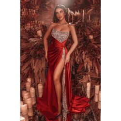 Chic Strapless Glitter Sequins Evening Gown with Side Slit