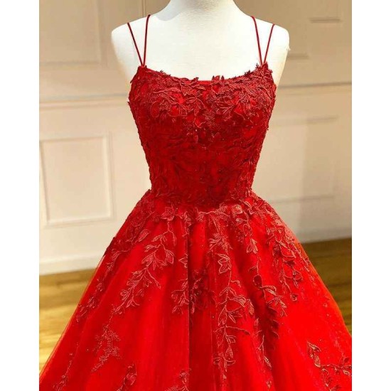Spaghetti Straps Floral Lace Aline Evening Gown Sleeveless Prom Party Gowns
