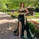 Dark Green Velvet Mermaid Evening Dress with Gold Lace appliques