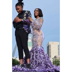 Long Sleeves Mermaid Evening Gowns Floral Pattern Sweep Train