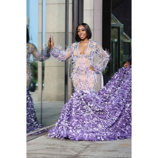 Long Sleeves Mermaid Evening Gowns Floral Pattern Sweep Train