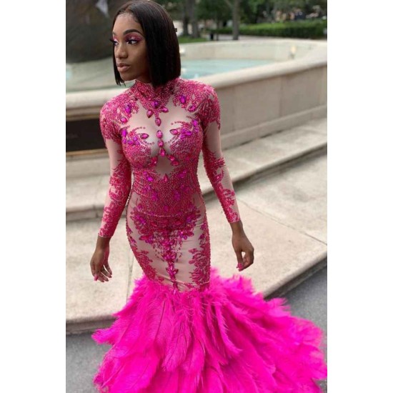 Long Sleeves Crystals Mermaid Evening Gowns Appliques Prom Party Gowns