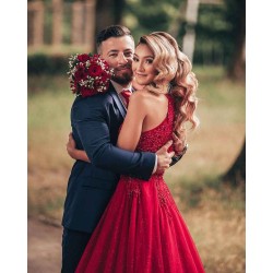 Red Halter Glitter A-lin Evening Gown Charming Sleeveless Floor Length Party Dress