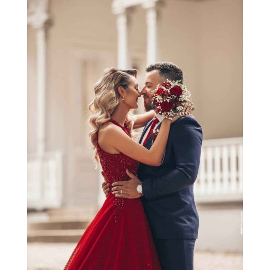 Red Halter Glitter A-lin Evening Gown Charming Sleeveless Floor Length Party Dress