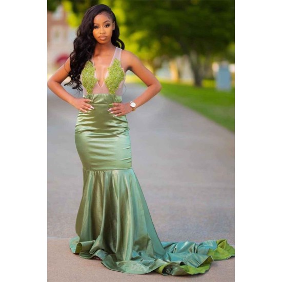 Charming Green Appliques Mermaid Prom Evening Maxi Dress Floor-Length Sweep Train Dress
