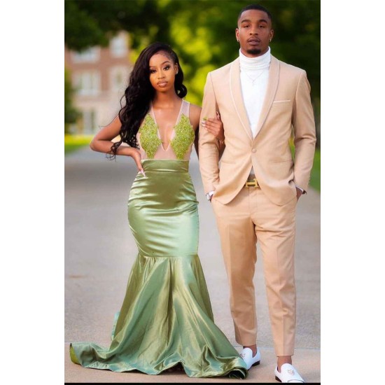Charming Green Appliques Mermaid Prom Evening Maxi Dress Floor-Length Sweep Train Dress