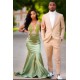 Charming Green Appliques Mermaid Prom Evening Maxi Dress Floor-Length Sweep Train Dress