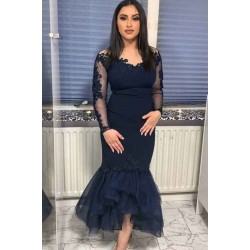 Navy Long Sleeve Mermaid Evening Dress Floor Length