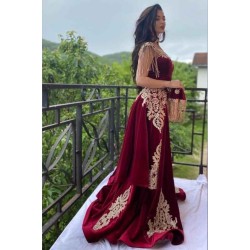 Wine red evening dresses long Yellow Floral Appliques Velvet evening wear On Sale
