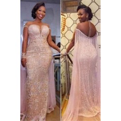 Unique Illusion neck Sparkle Beaded Mermaid Plus size Evening Dress