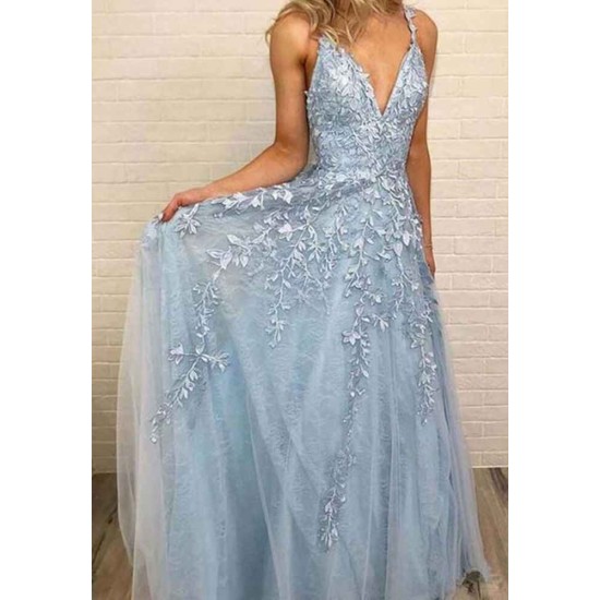 Sky Blue Lace Prom Dresses Deep V-neck A Line Long Party Elegant Floor Length Women Evening Gowns