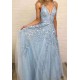 Sky Blue Lace Prom Dresses Deep V-neck A Line Long Party Elegant Floor Length Women Evening Gowns