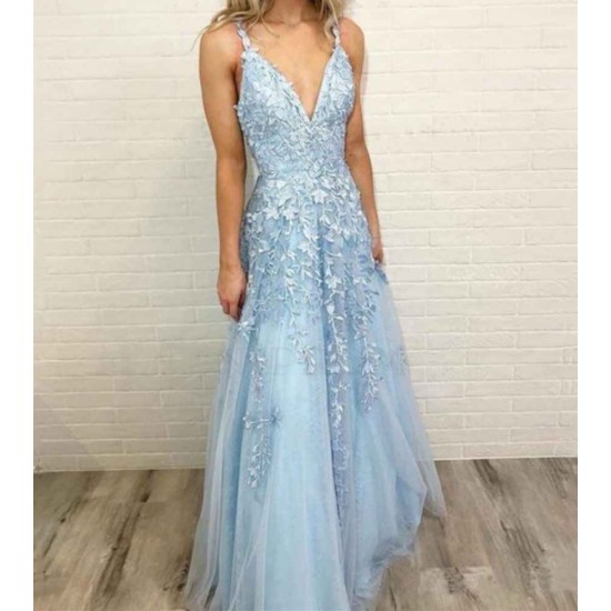 Sky Blue Lace Prom Dresses Deep V-neck A Line Long Party Elegant Floor Length Women Evening Gowns