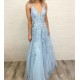 Sky Blue Lace Prom Dresses Deep V-neck A Line Long Party Elegant Floor Length Women Evening Gowns