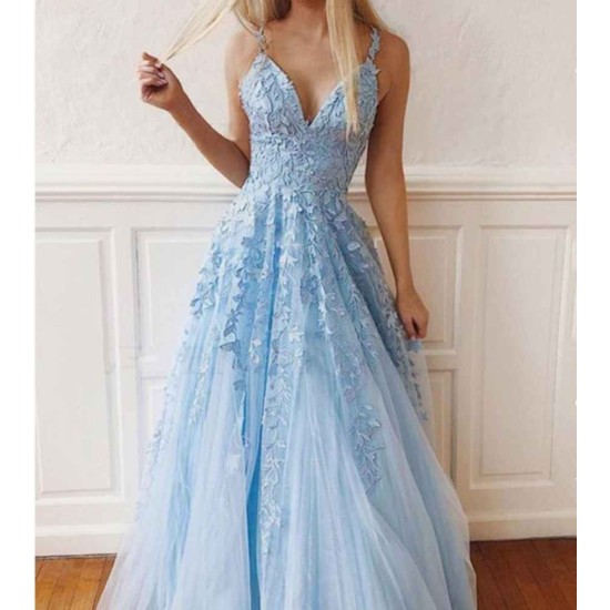 Sky Blue Lace Prom Dresses Deep V-neck A Line Long Party Elegant Floor Length Women Evening Gowns