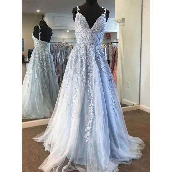 Sky Blue Lace Prom Dresses Deep V-neck A Line Long Party Elegant Floor Length Women Evening Gowns