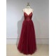 Sweetheart Crystal Prom Dresses Straps Spaghetti Tulle Evening Gown Split Side