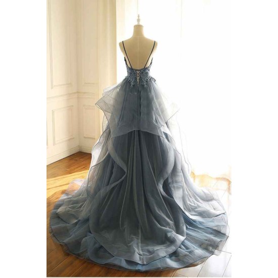 Gray Evening Dresses Tulle V-neck Ruffles Long Spaghetti Lace Beading Prom Party Gowns