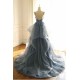 Gray Evening Dresses Tulle V-neck Ruffles Long Spaghetti Lace Beading Prom Party Gowns