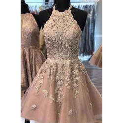 Halter Floral Appliques Mini Homecoming Dress Short Evening Prom Party Gowns