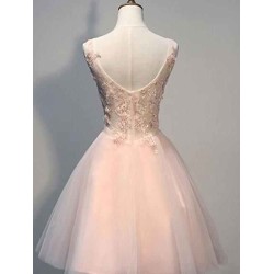 Pink Prom Dresses Evening Dresses Short With Lace Appliques A Line Tulle Evening Wear