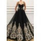 New Black Sweetheart A-line Evening Dress with Golden Lace Appliques