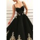 New Black Sweetheart A-line Evening Dress with Golden Lace Appliques