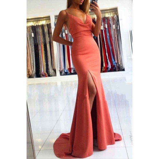 Trendy Coral Criss-cross Back Mermaid Split Evening Dress