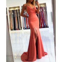 Trendy Coral Criss-cross Back Mermaid Split Evening Dress