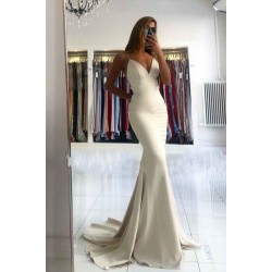 Simple style V-neck Mermaid Ivory Spaghetti Strap Evening Dress