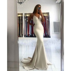 Simple style V-neck Mermaid Ivory Spaghetti Strap Evening Dress