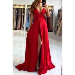 Ruby Red Chic High split Court Train Long evening Dress