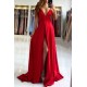Ruby Red Chic High split Court Train Long evening Dress