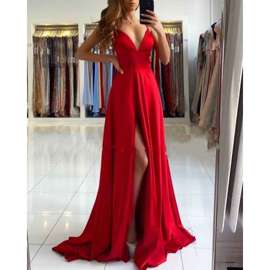 Ruby Red Chic High split Court Train Long evening Dress