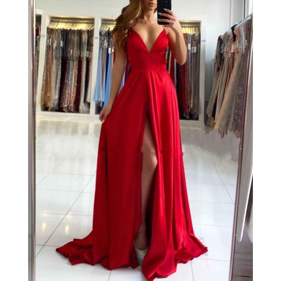 Ruby Red Chic High split Court Train Long evening Dress
