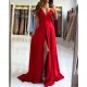 Ruby Red Chic High split Court Train Long evening Dress