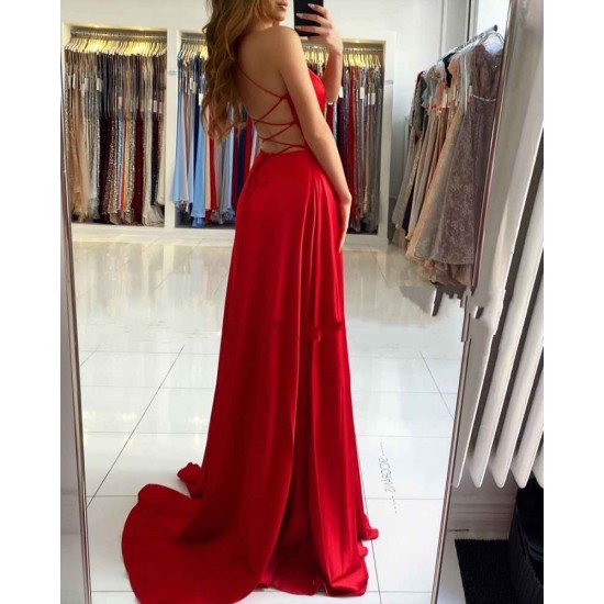 Ruby Red Chic High split Court Train Long evening Dress