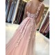 Romantic Dusty Pink Sleeveless Lace Straps A-line Evening Dress