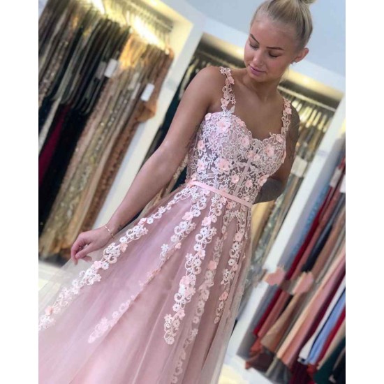 Romantic Dusty Pink Sleeveless Lace Straps A-line Evening Dress