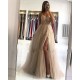 Illusion neck Storm Blue V-neck Tulle See-through Evening Dress