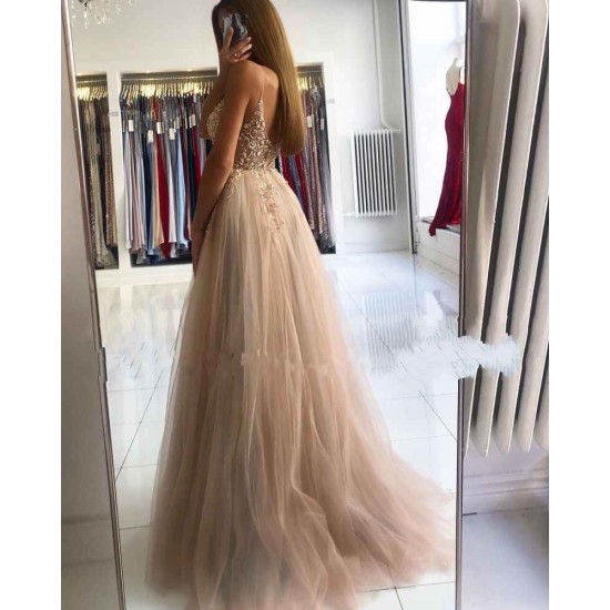 Illusion neck Storm Blue V-neck Tulle See-through Evening Dress