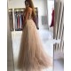 Illusion neck Storm Blue V-neck Tulle See-through Evening Dress