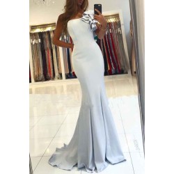 One shoulder ruffles Light Blue Mermaid Long Evening Dress