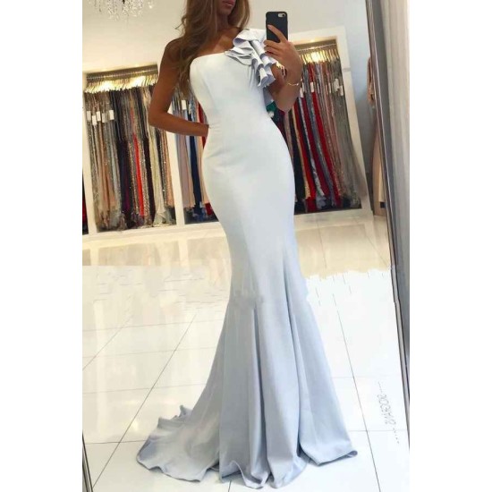 One shoulder ruffles Light Blue Mermaid Long Evening Dress