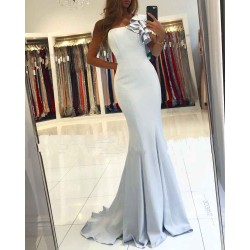 One shoulder ruffles Light Blue Mermaid Long Evening Dress