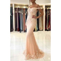Off-the-shoulder Pink Lace Appliques Mermaid Evening Dress